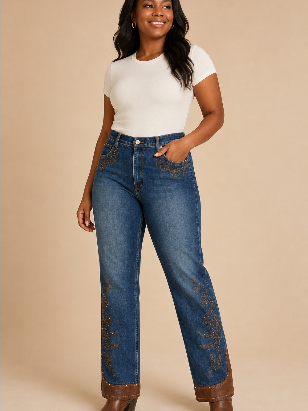 Rare Lawman Embroidered Rhinestone  Straight-Leg Jeans in Dark Blue